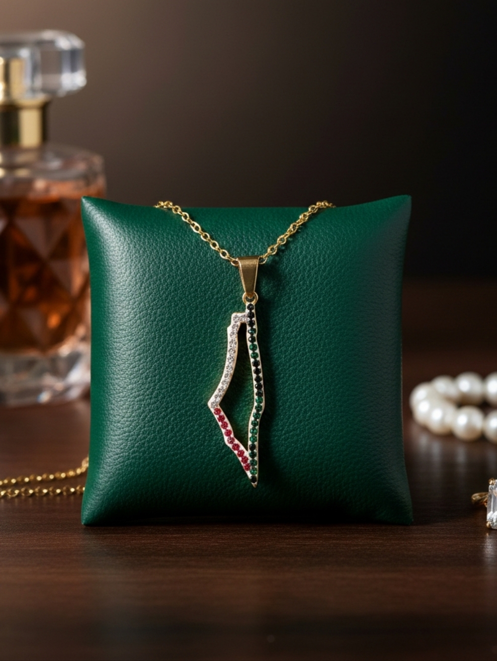 Gold Pendant Necklace with Red, Green & Black Stones - Women Jewelry